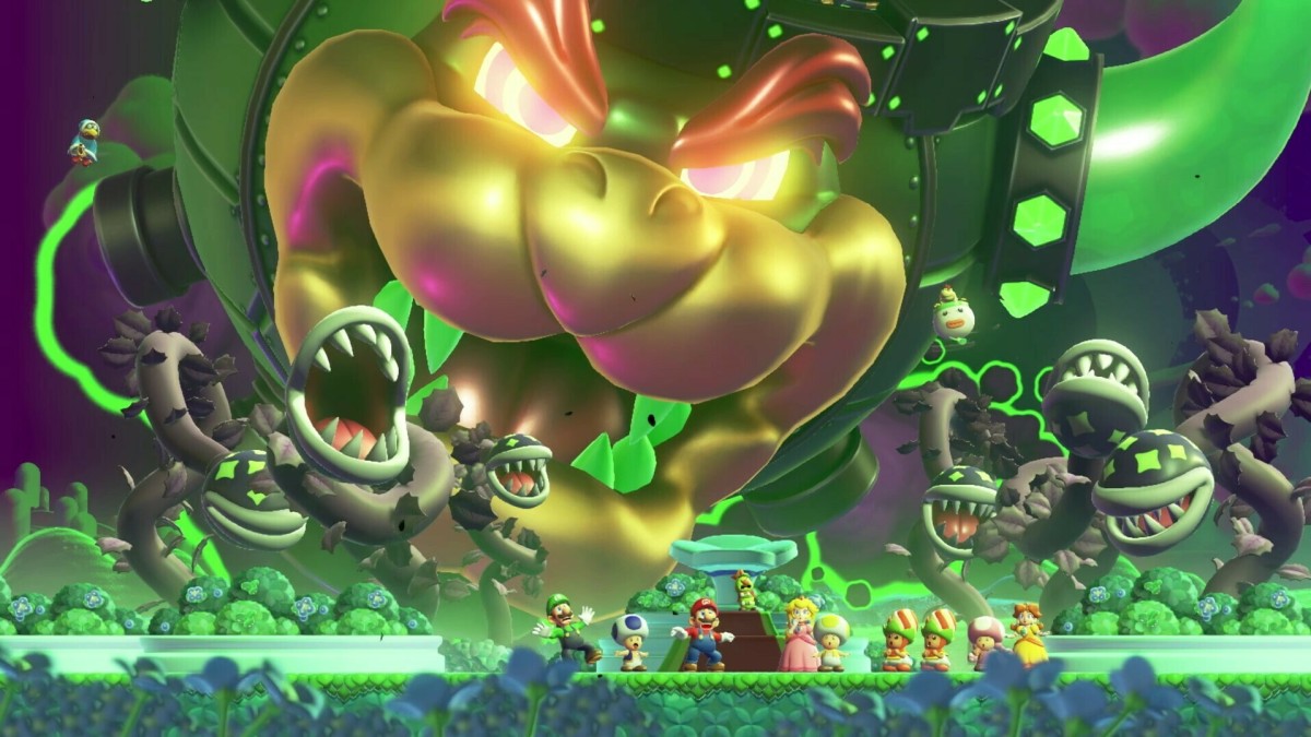 A large golden Bowser face looms over a green-hued land while Mario and friends cower in fear