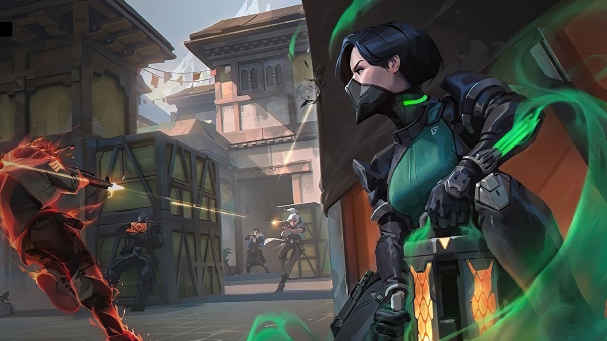 A woman in dark armor hides behind a wall as two people engage in a firefight.