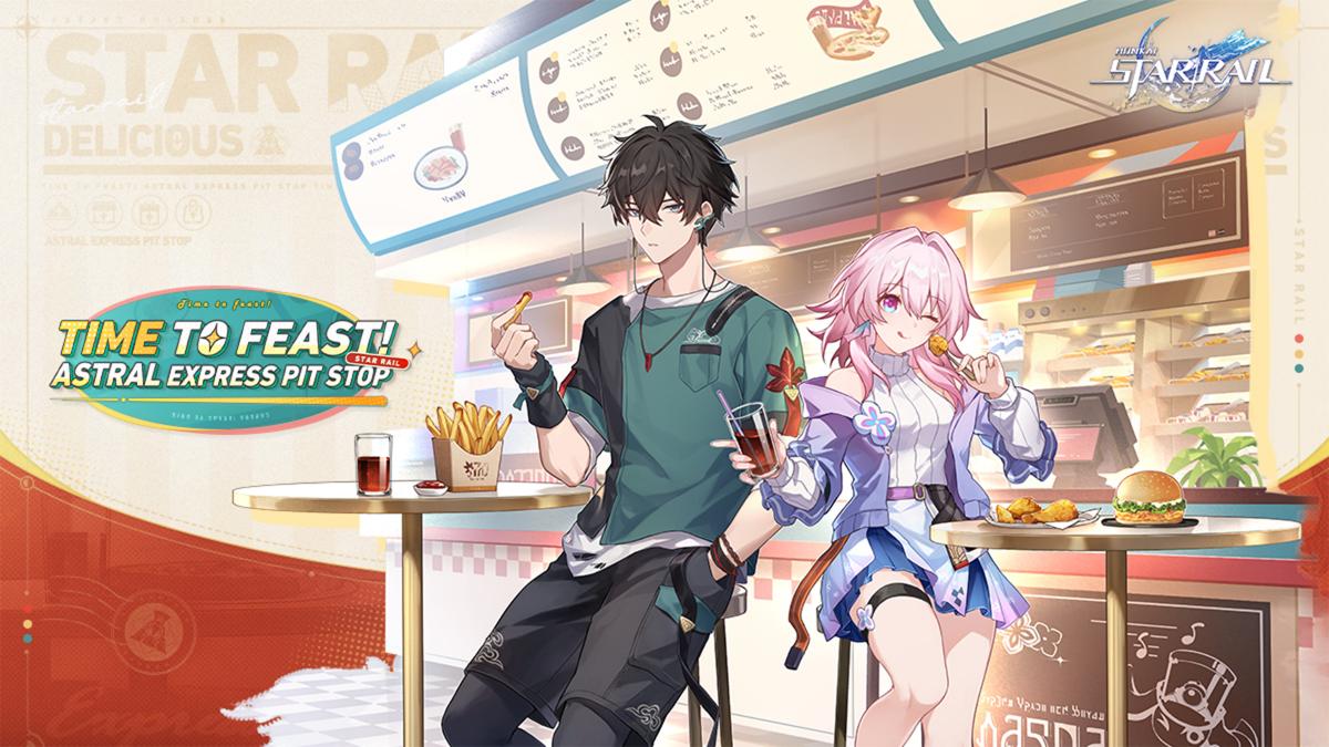 Artwork showing Honkai: Star Rail's Dan Heng and March 7th eating at a fast food restaurant.