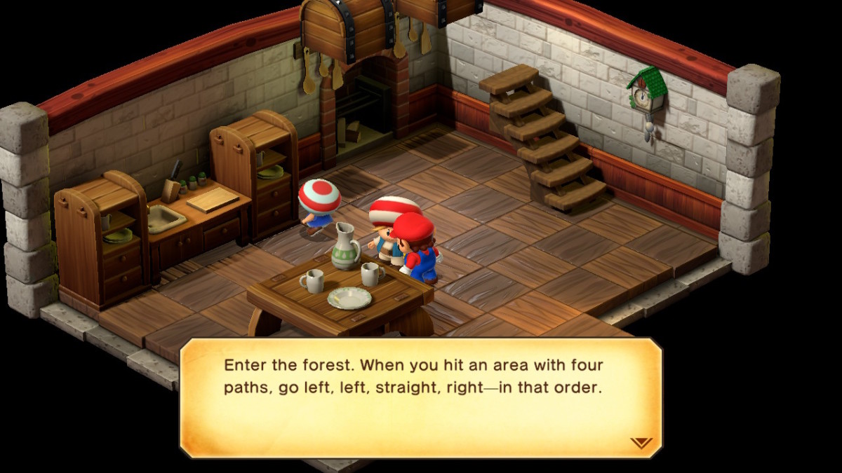 A toad gives Mario a hint in Super Mario RPG.