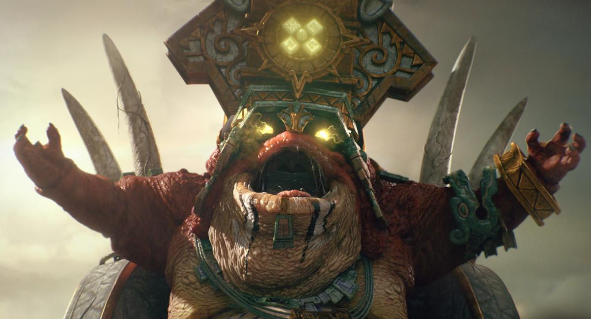 A toad-like Slann from a Total War: Warhammer trailer.