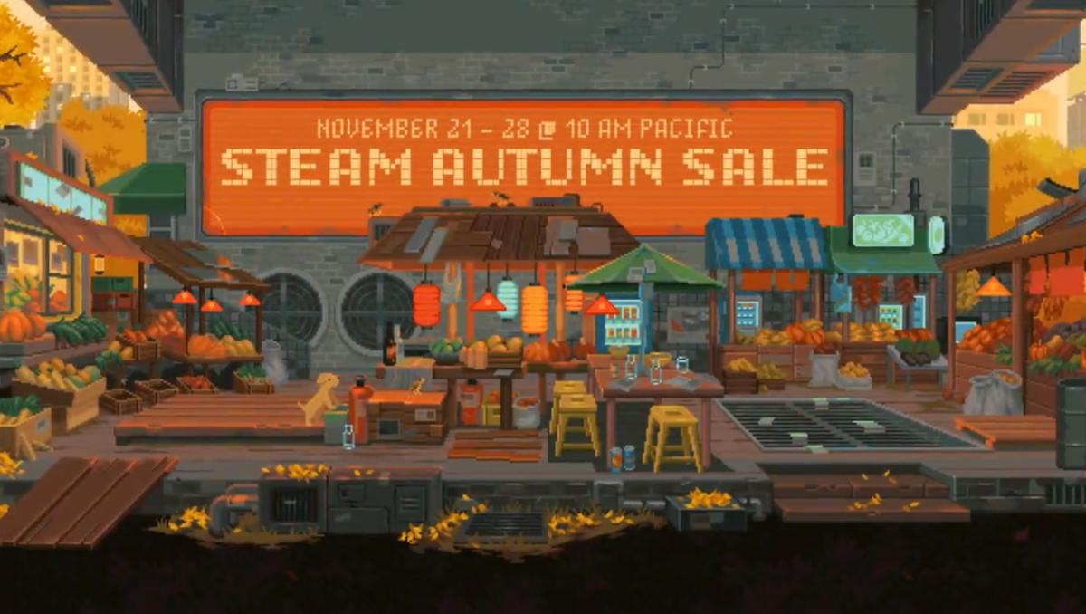 Steam Autumn Sale 2023 pixel art poster.