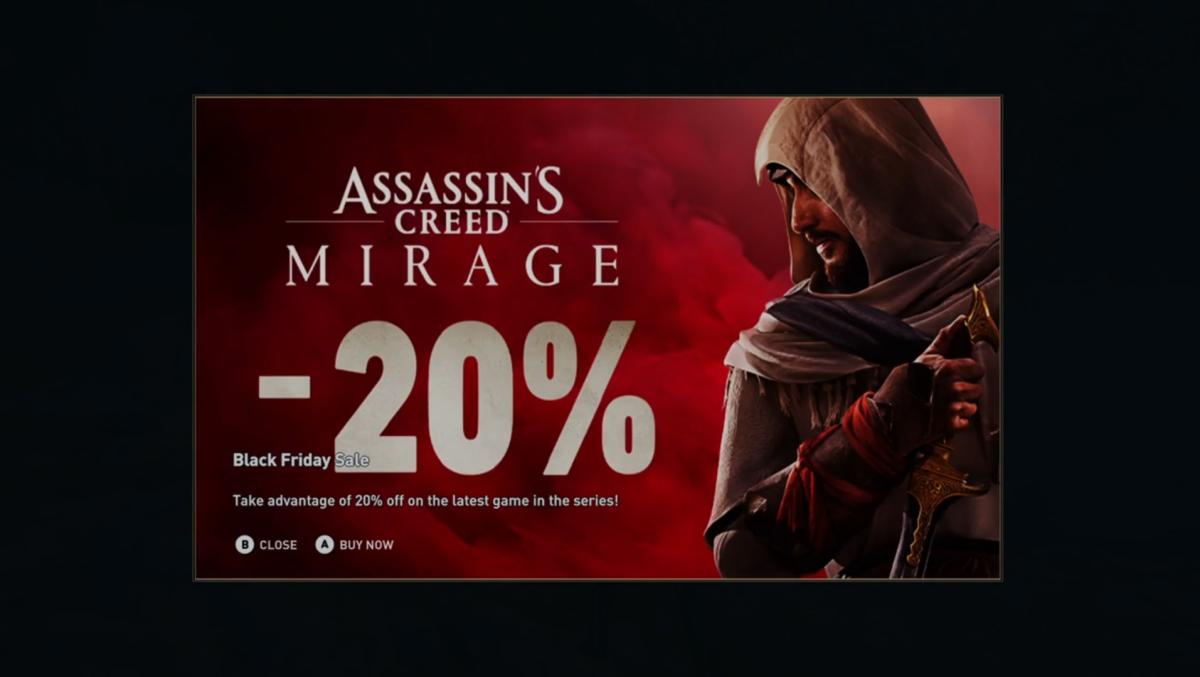 Assassin's Creed Mirage advertisement shown in another AC game.