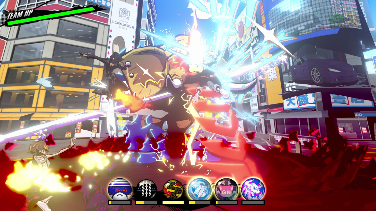 A combat screenshot from NEO The World Ends With You showing characters attacking a large monster.
