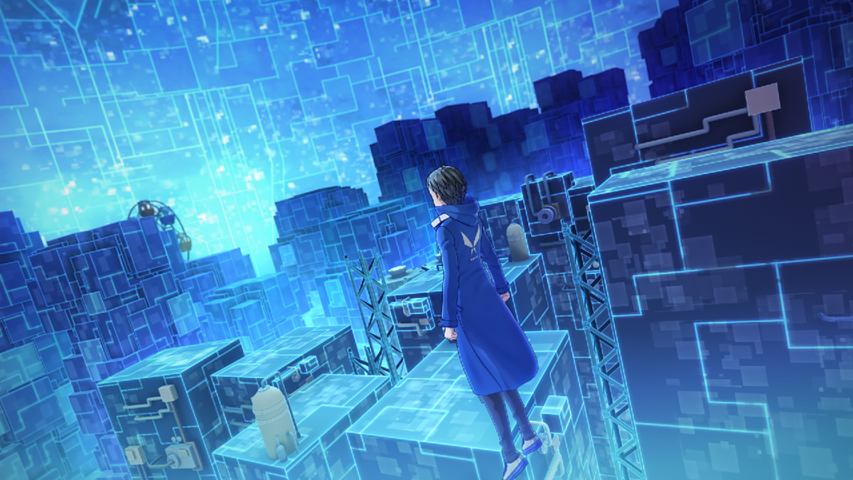 A boy floating in cyberspace in Digimon Story Cyber Sleuth Hacker's Memory.