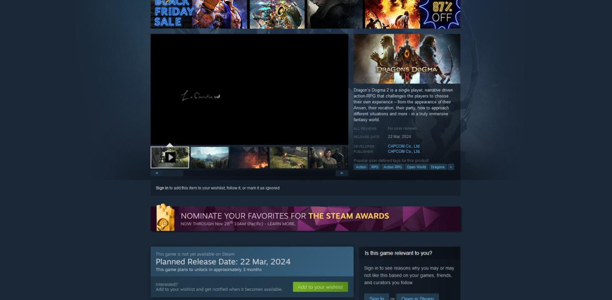 Dragon's Dogma 2 Steam store page showing the game's release date early.
