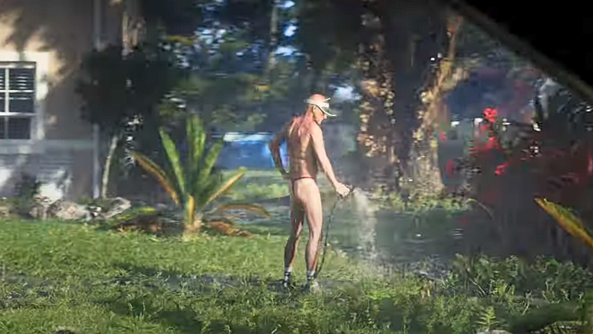 An old white man wearing a thong and vizor is watering his front lawn.