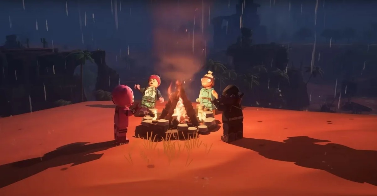 LEGO Fortnite characters around a campfire
