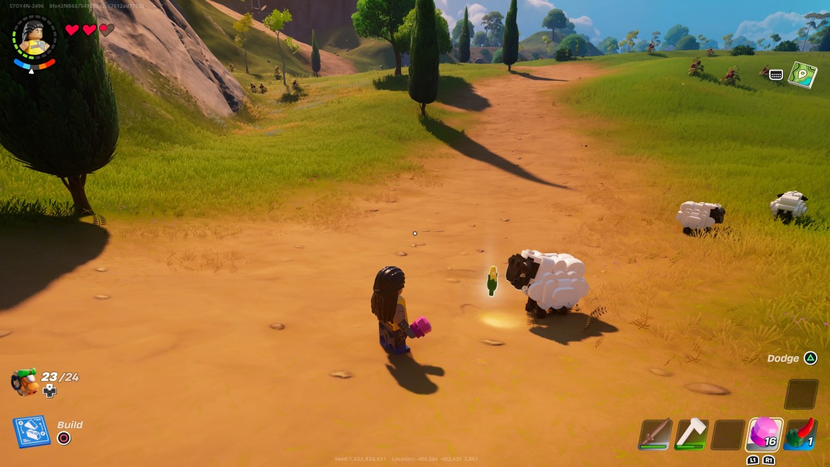Lego Fortnite screenshot showing a sheep eating corn.