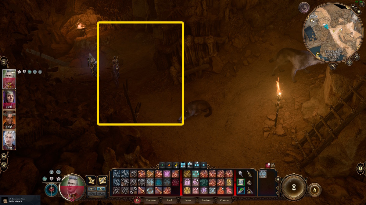 An image with a yellow rectangle showing where the illusory door is in the Zhentarim hideout.