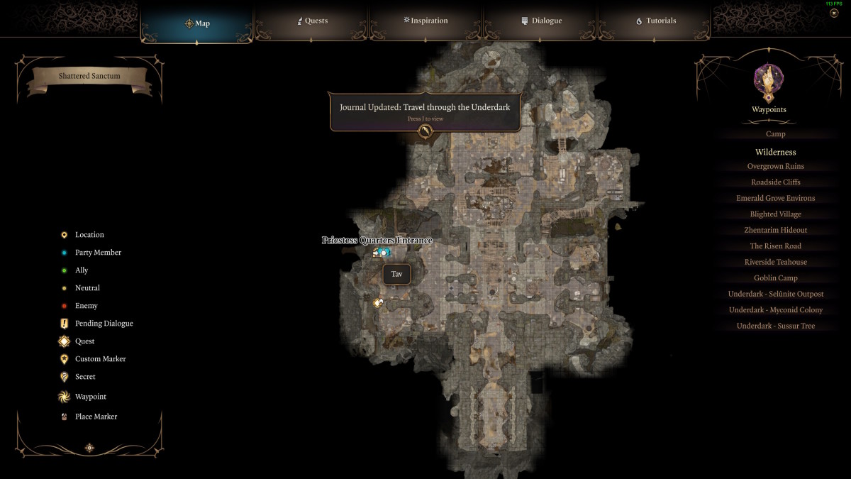 A map of the BG3 Goblin Camp with four ally characters standing near Priestess Gut's room.