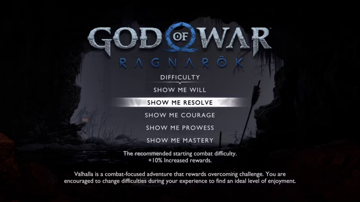 God of War Ragnarok Valhalla difficulty selection screen at the start of the DLC
