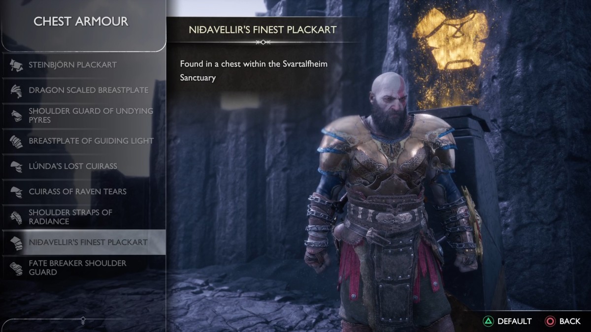 The Change Appearance menu in God of War Ragnarok Valhalla shows unlock conditions for a specific Chest Armour piece.