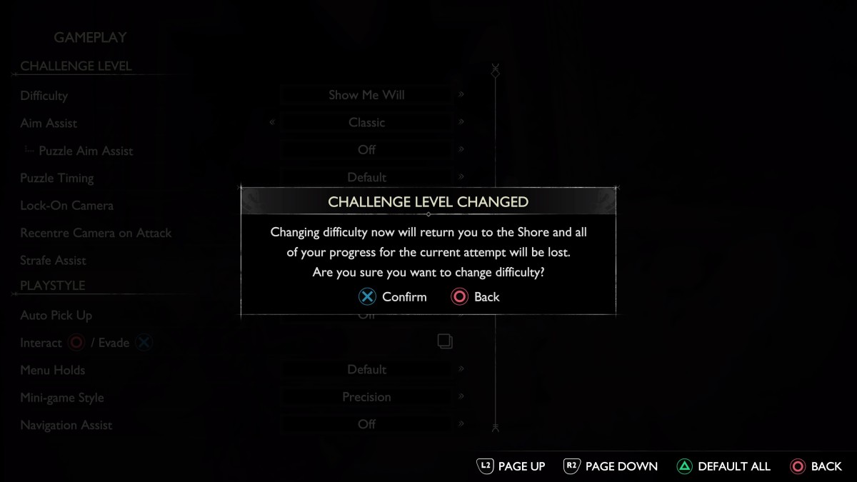 Difficulty level change warning in God of War Ragnarok Valhalla DLC