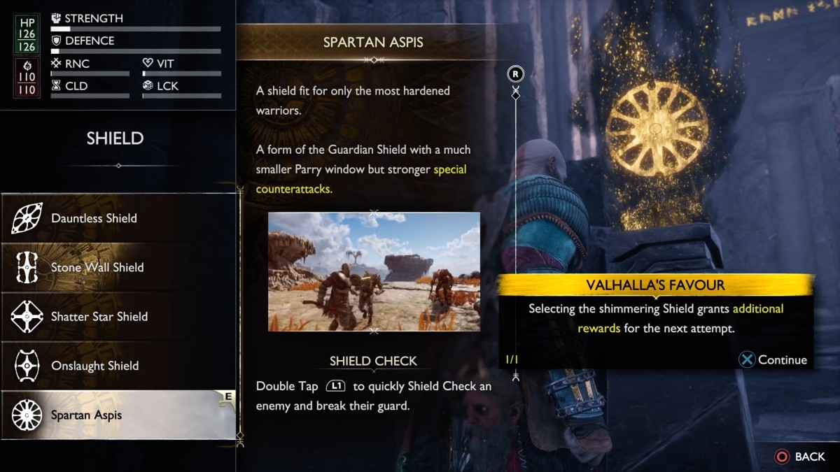 The Shone Wall Shield option is shimmering, indicating that you'll get a reward bonus if you equip it for your next attempt in God of War Ragnarok Valhalla