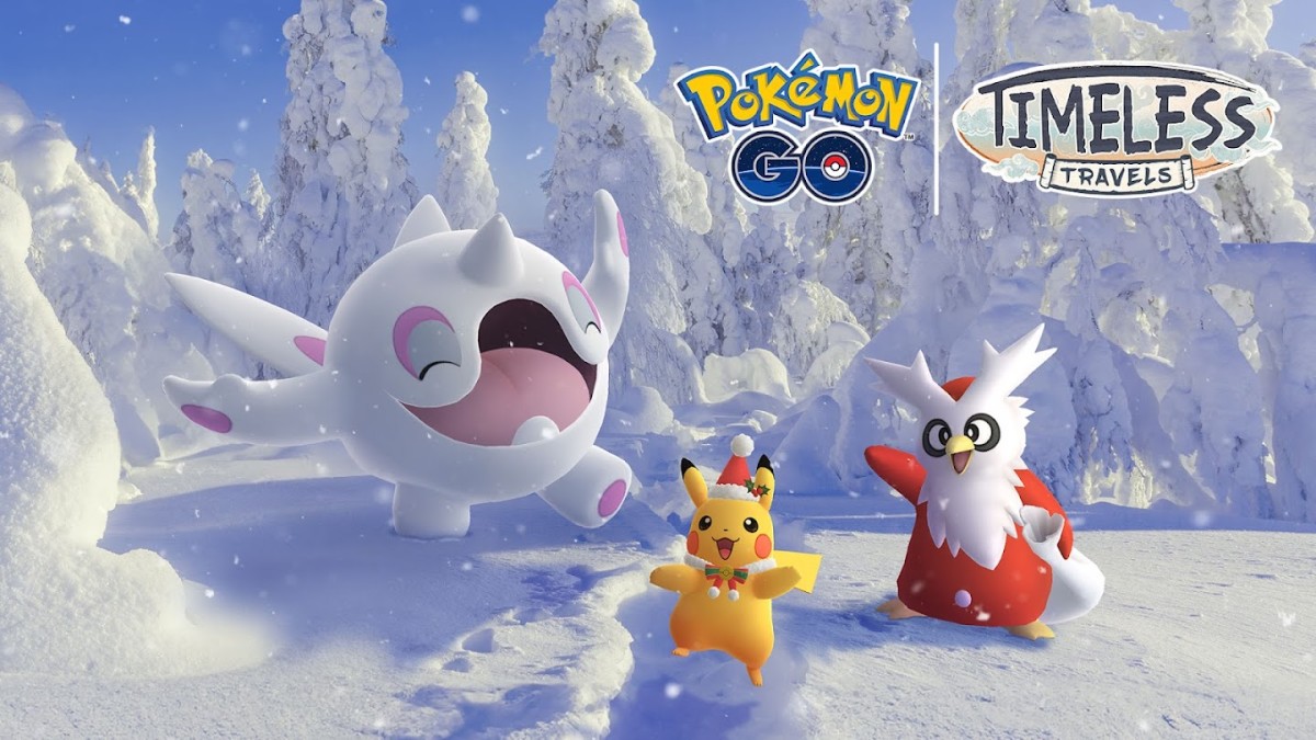 Pokémon Go screenshot of several creatures dancing in a snowy landscape.