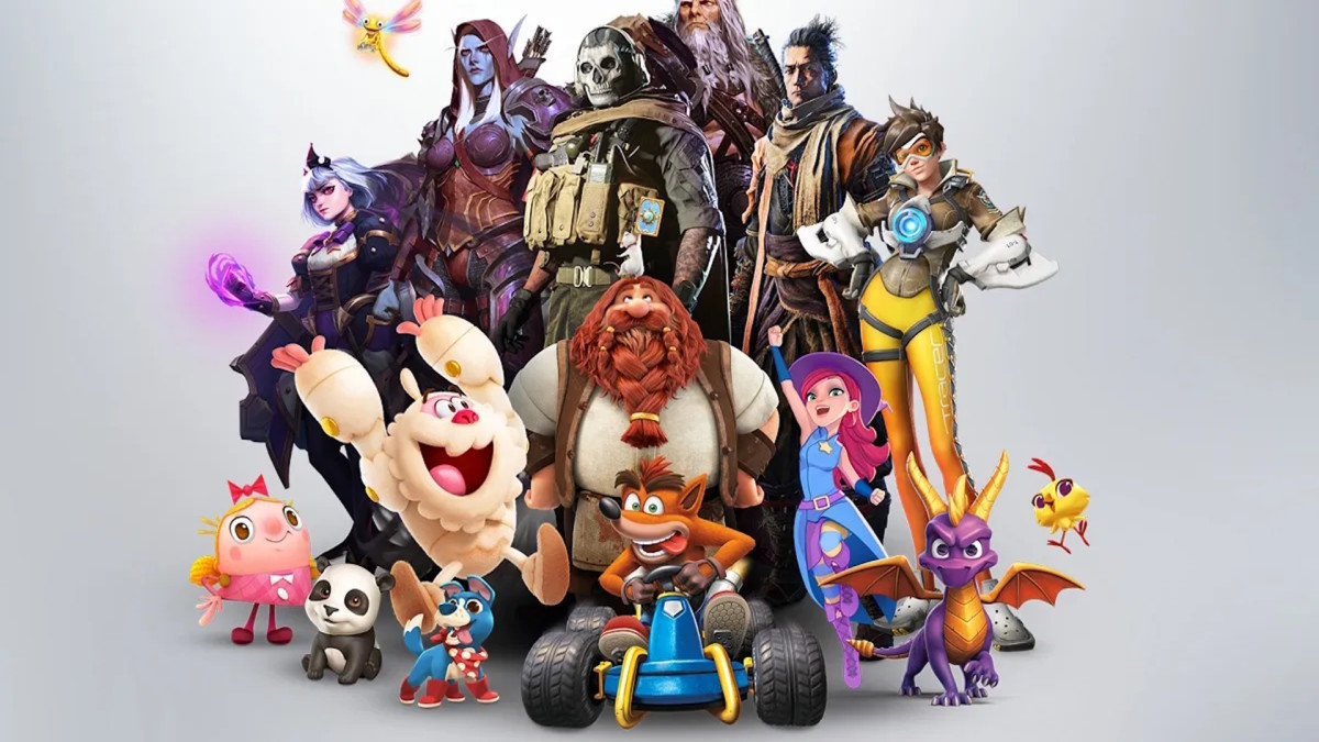 A collection of Activision Blizzard characters, including Tracer and Spyro, are shown celebrating together