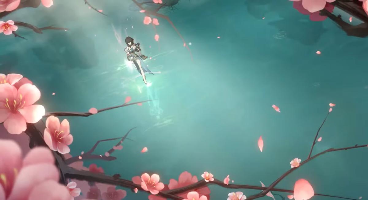 Honkai: Star Rail Ruan Mei playing her instrument on a field of water.