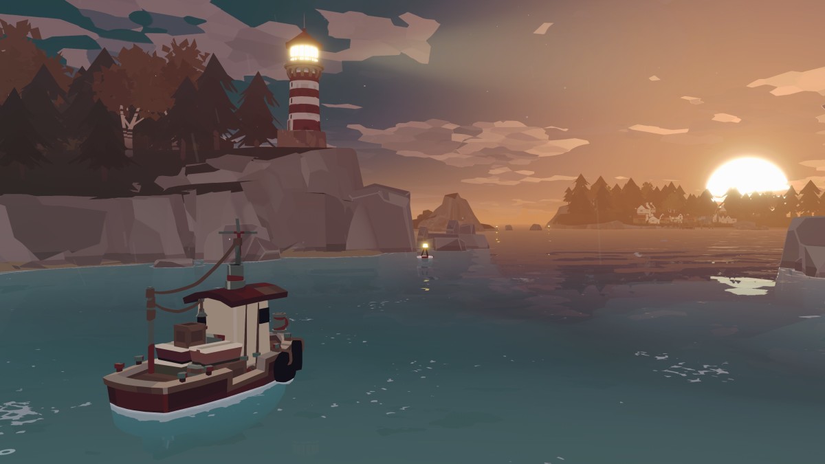 Dredge screenshot, featuring a fishing boat sailing towards the sunset with a lighthouse nearby