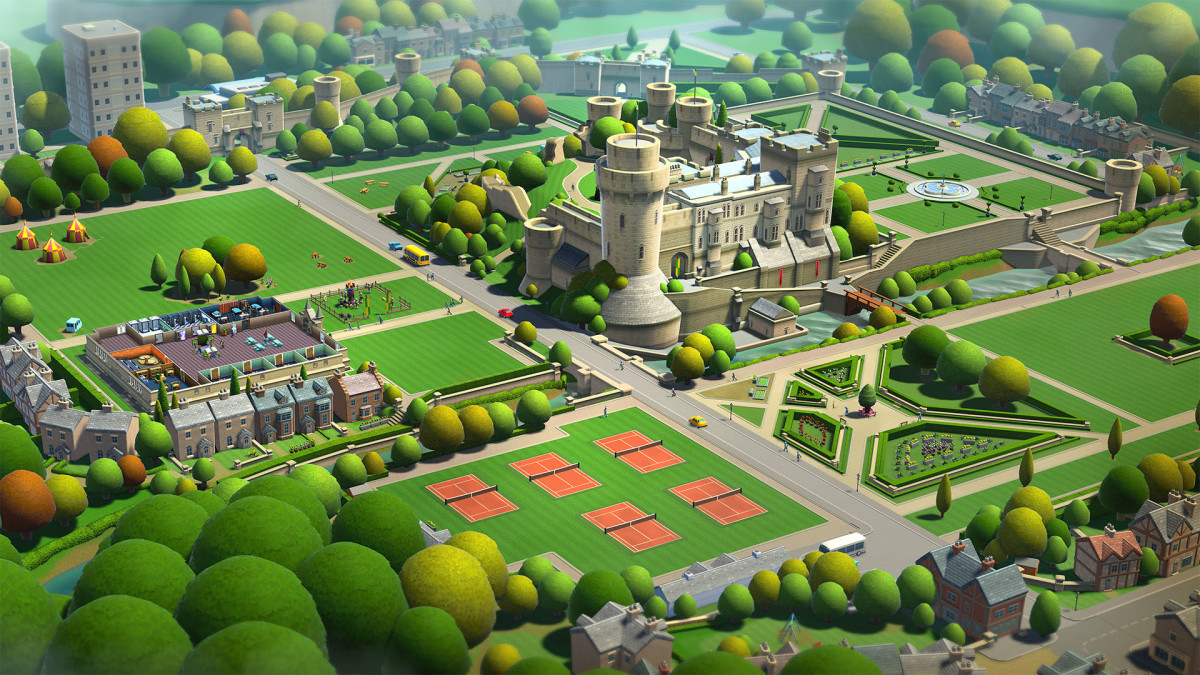 Two Point Campus screenshot of a castle with a jousting field next to it.