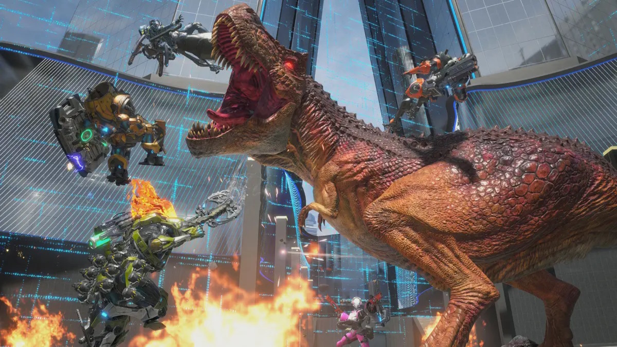 A large dinosaur with glowing red eyes is throwing four large robots around, while fire dances in front of it.