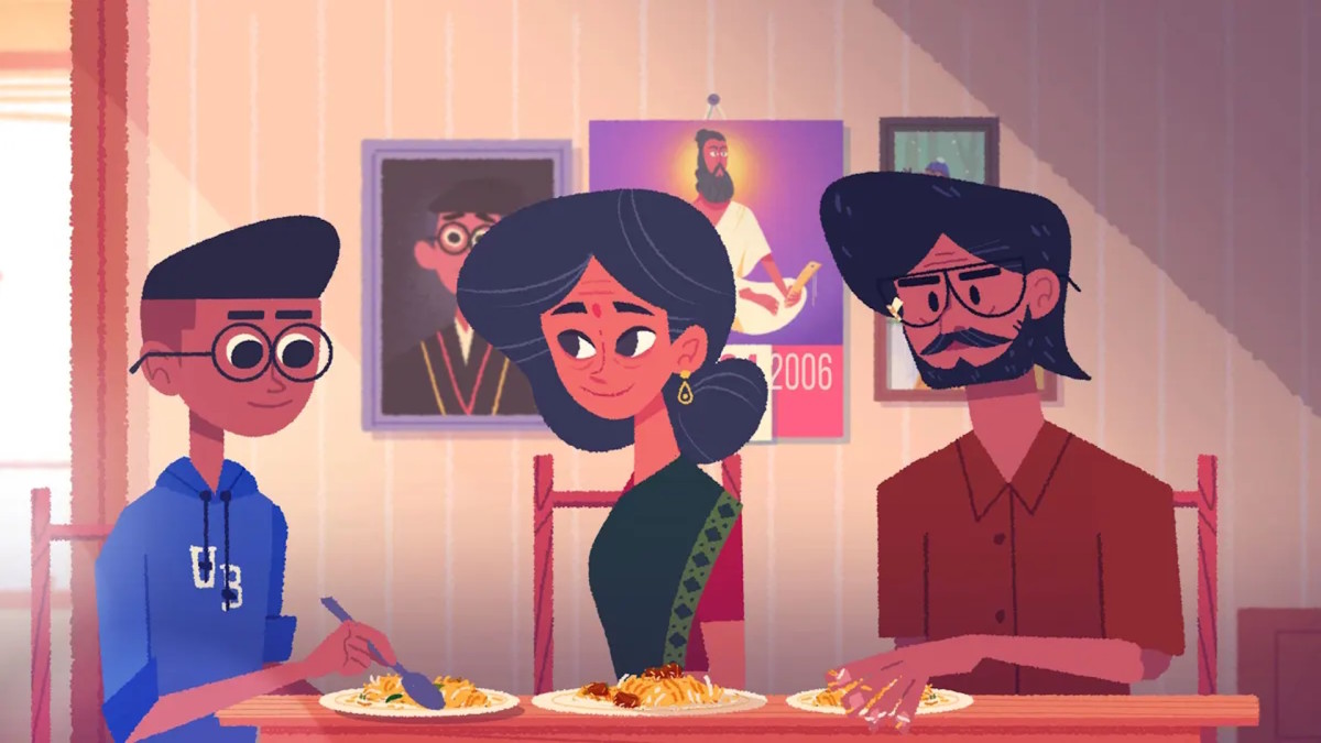 A family from south Asia, presented in hand-drawn style, is shown sitting at a dinner table
