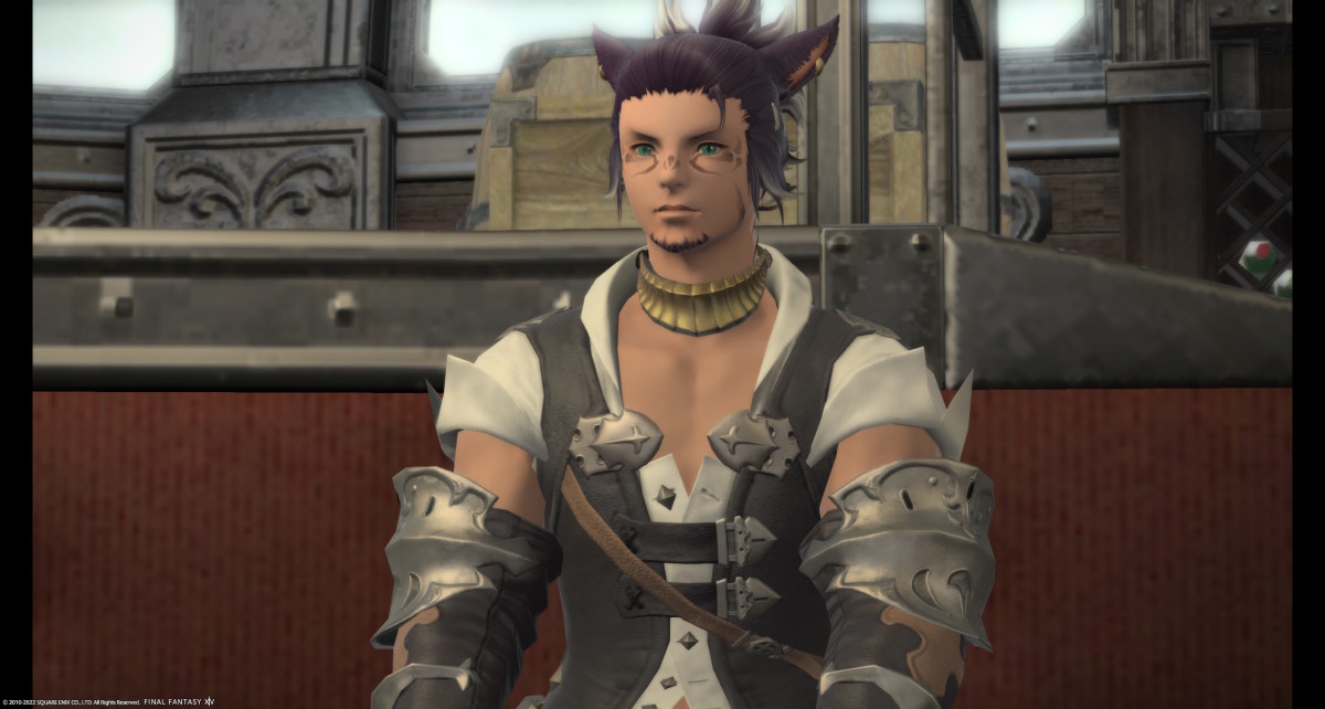 A Final Fantasy XIV Miqo'te with purple hair, wearing a gold neck band, white shirt, black vest, and heavy metal gauntlets, is sitting against a red leather seat back with an attentive expression on his face