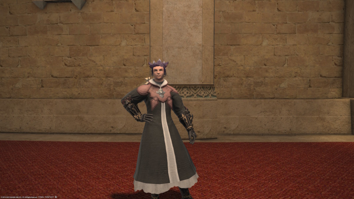 A FFXIV Miqo'te wearing a long black robe is standing on thick red carpet in a dimly lit stone hallway