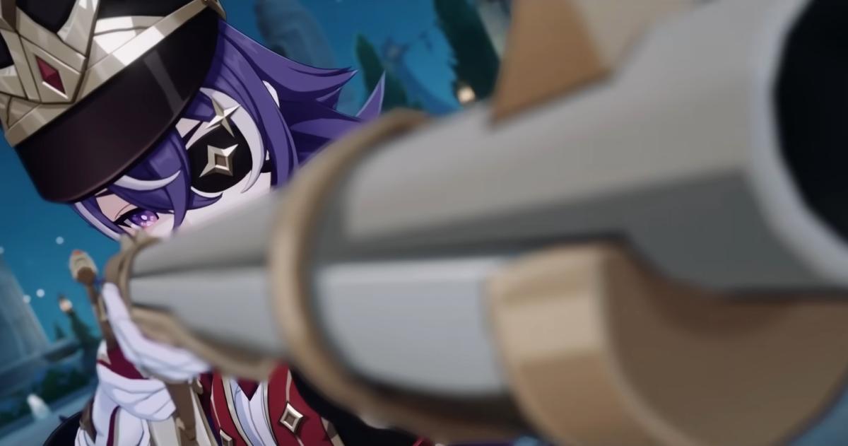 Genshin Impact's Chevreuse looking down the sights of her musket.