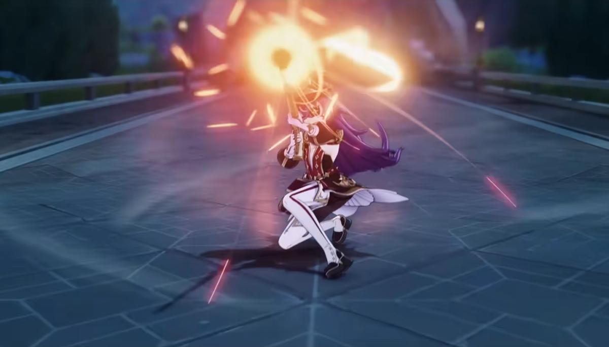 Genshin Impact's Chevreuse firing her musket from a crouching position.