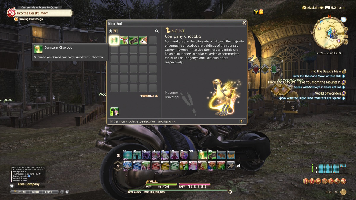 The FFXIV mount menu is shown, with a small selection of mounts including a Chocobo, a large cat, and a motorcycle