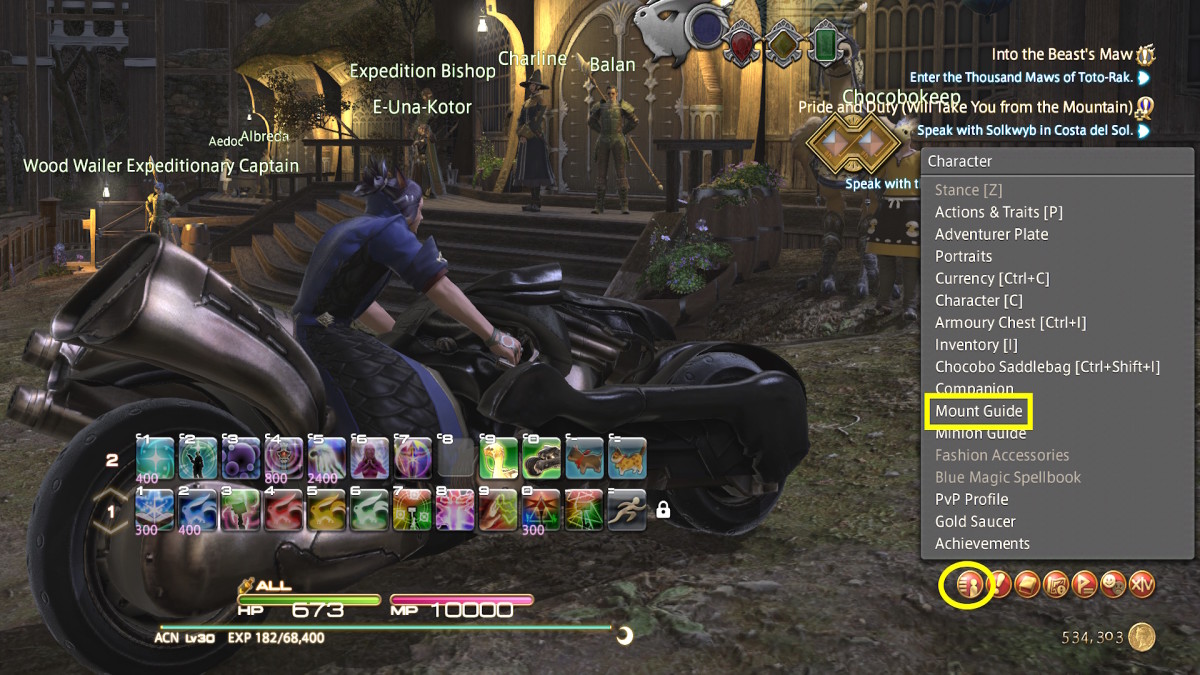 The FFXIV mount guide menu option is highlighted in yellow under the "Character" menu selection