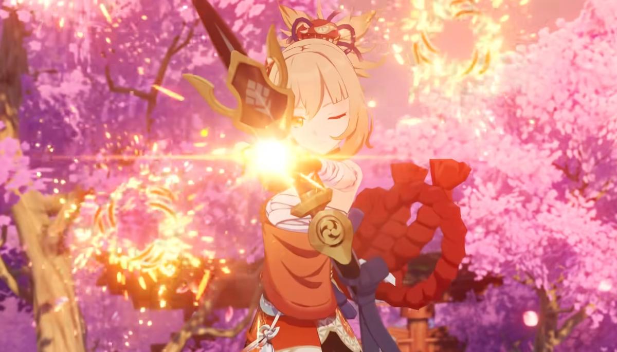 Genshin Impact's Yoimiya aiming with her bow.