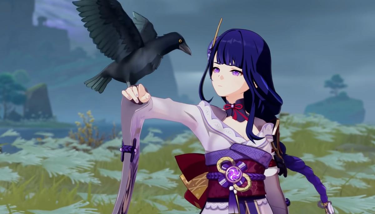 Genshin Impact's Raiden Shogun letting a bird land on her arm.