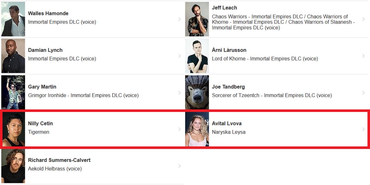 A cast list from imbd showing new voice actresses for Total War: Warhammer 3.