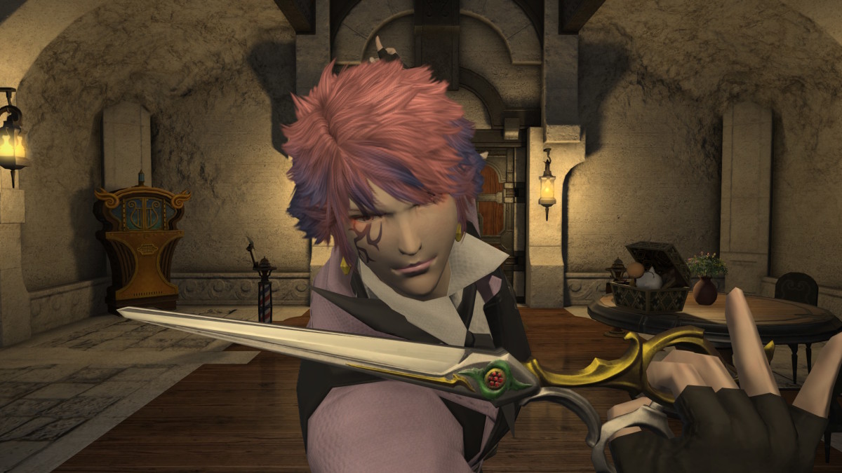A Final Fantasy 14 Elezen with pink hair, wearing a white-collared pink shirt, is brandishing a pair of scissors at the camera.