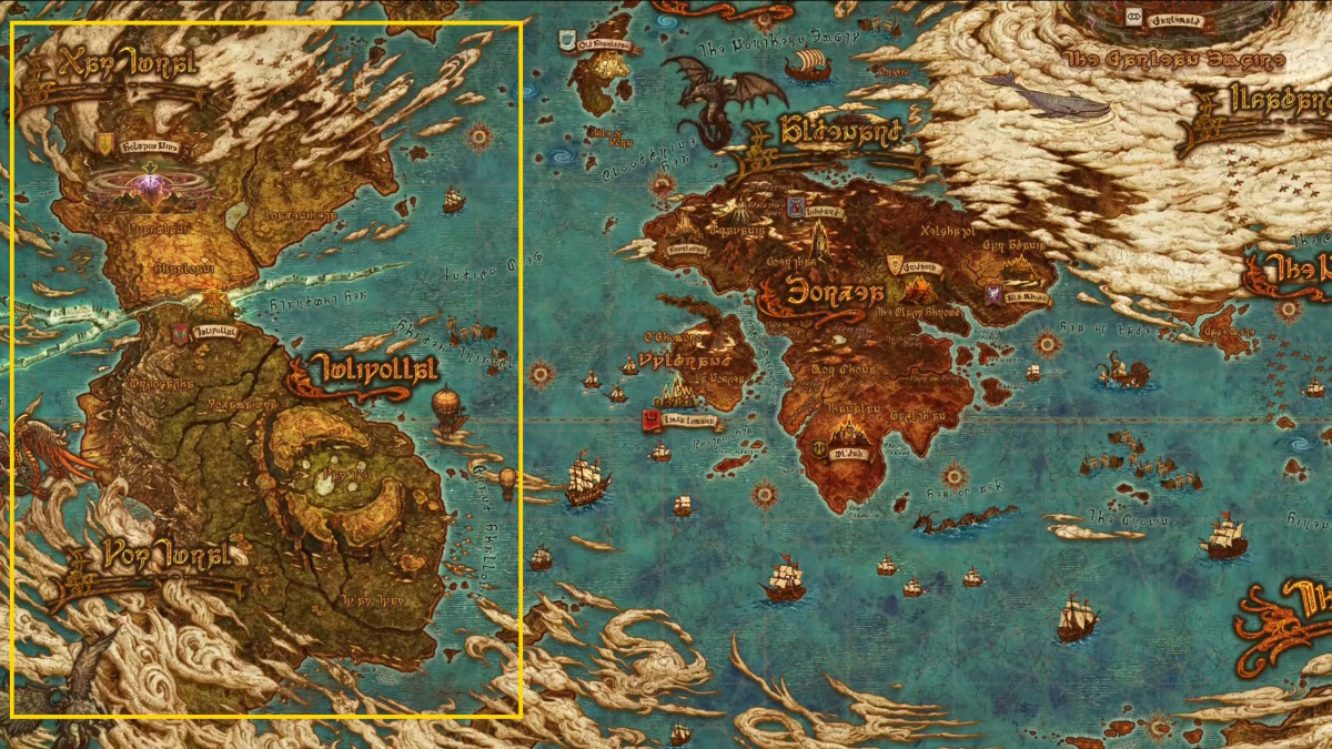 A map image of Final Fantasy 14's world shows a fully revealed western continent, outlined in a yellow rectangle