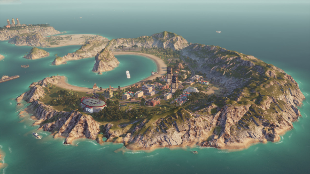Tropico 6 screenshot showing an idyllic island.