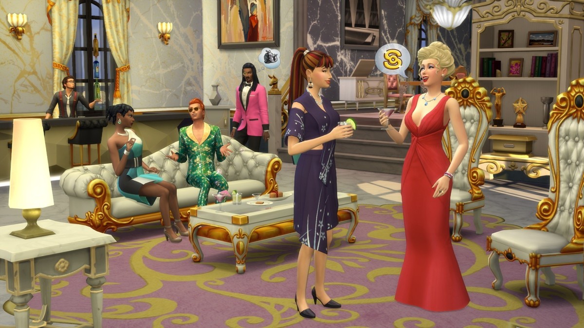 A groups of Sims dressed in fancy clothing mill about a large drawing room with gilded furniture