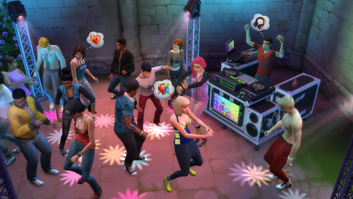 A group of Sims dance together in a brightly lit club in the Sims 4 Get Together expansion