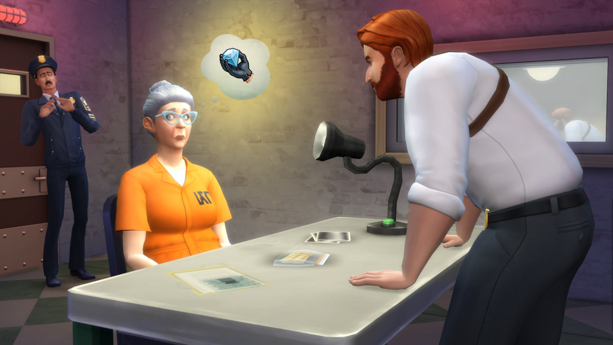 A Sim is questioning an elderly Sim dressed in a jail suit in the Sims 4 Get to Work expansion