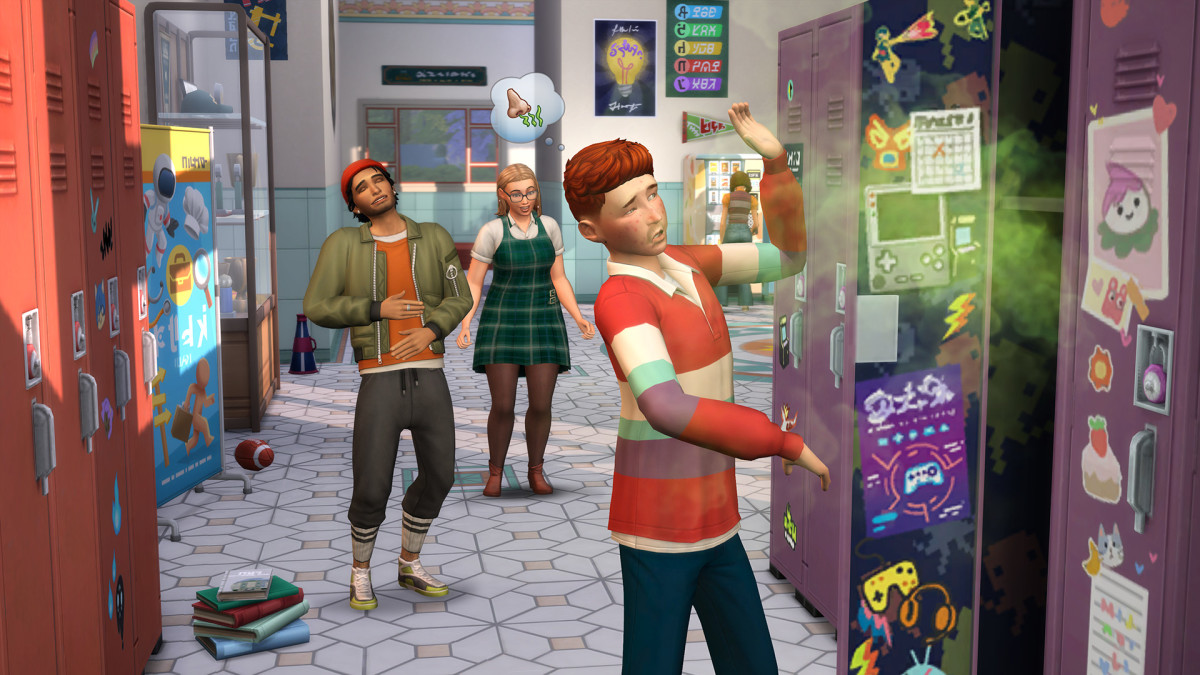 A teenage Sim is fending off a noxious green cloud while two other Sims look on and laugh in the Sims 4 High School Years expansion