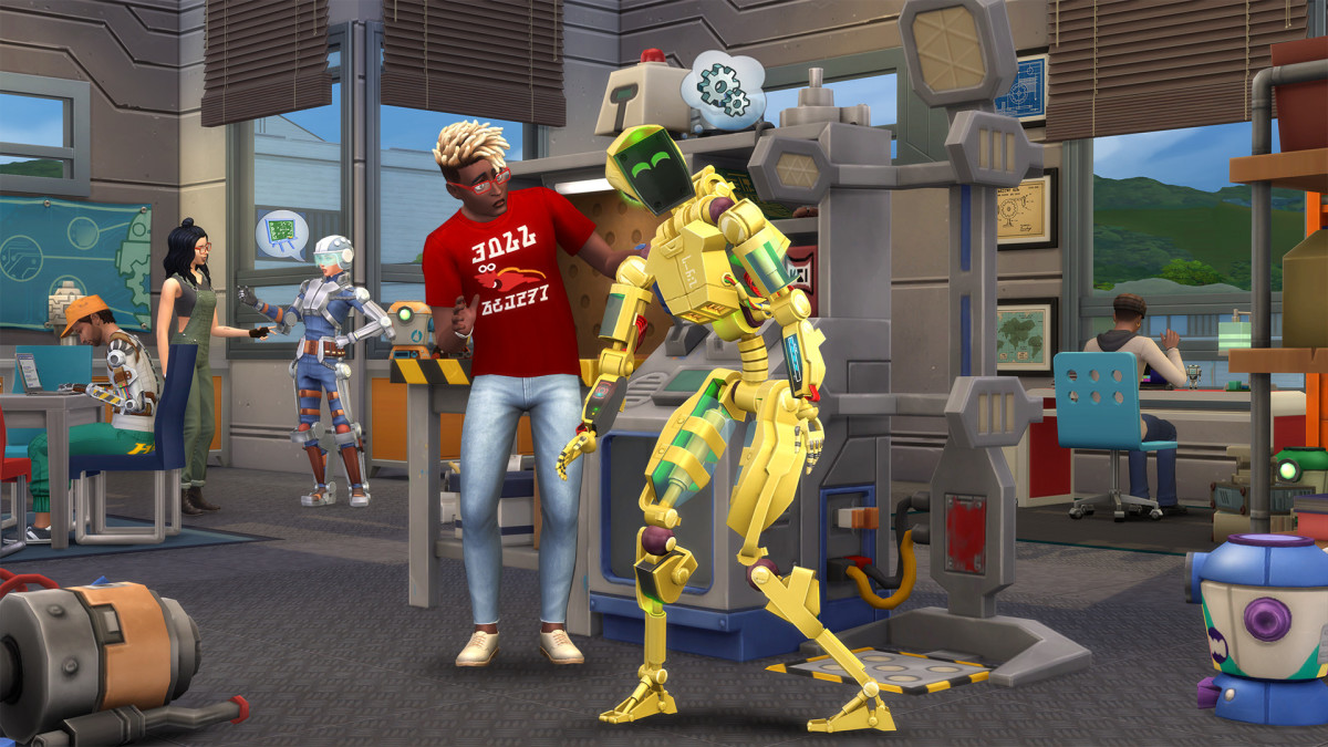 A college-age Sim looks at a moving robot in surprise, as it comes to life in an open laboratory in the Sims 4 Discover University expansion