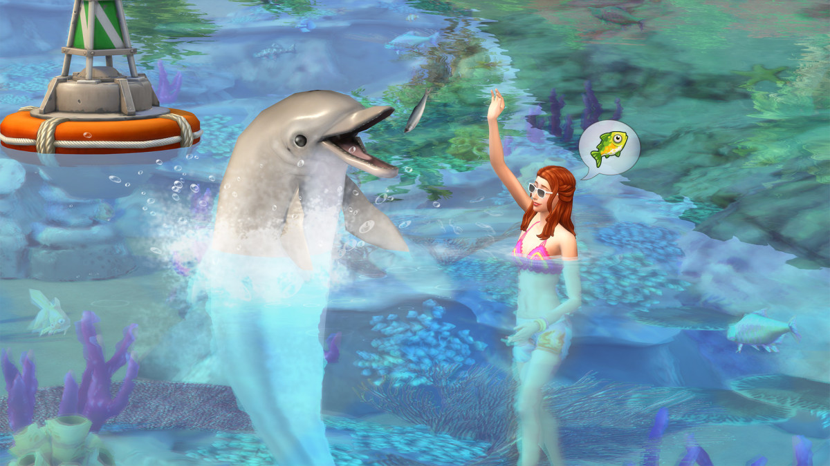 A Sim playfully waves at a dolphin in the Sims 4 Island Living expansion