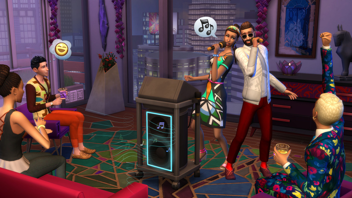 A group of Sims in stylish clothing gather around a karaoke machine in a penthouse apartment
