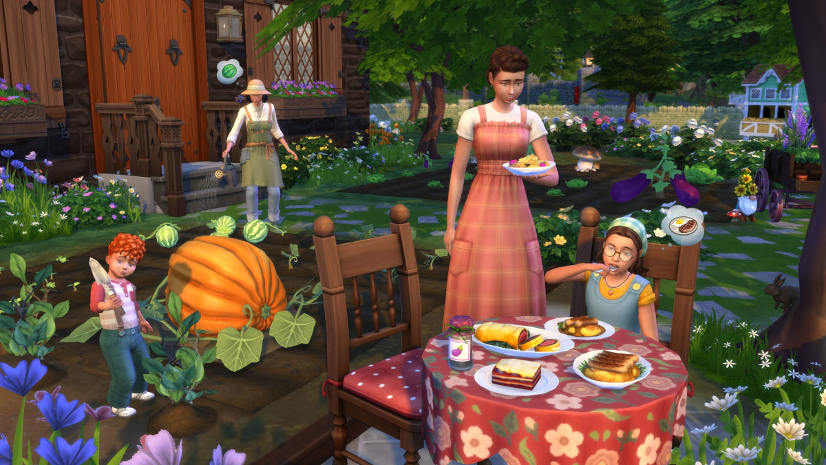 A Sim family enjoys a day in the garden with a picnic lunch, while two Sims tend the large vegetables