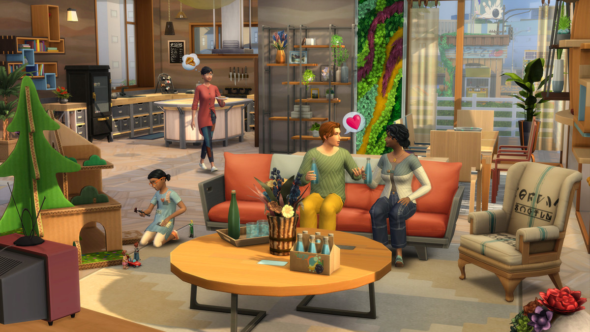 A group of Sims gather together in an open room decorated with eco-friendly furniture in the Sims 4 Eco Lifestyle expansion