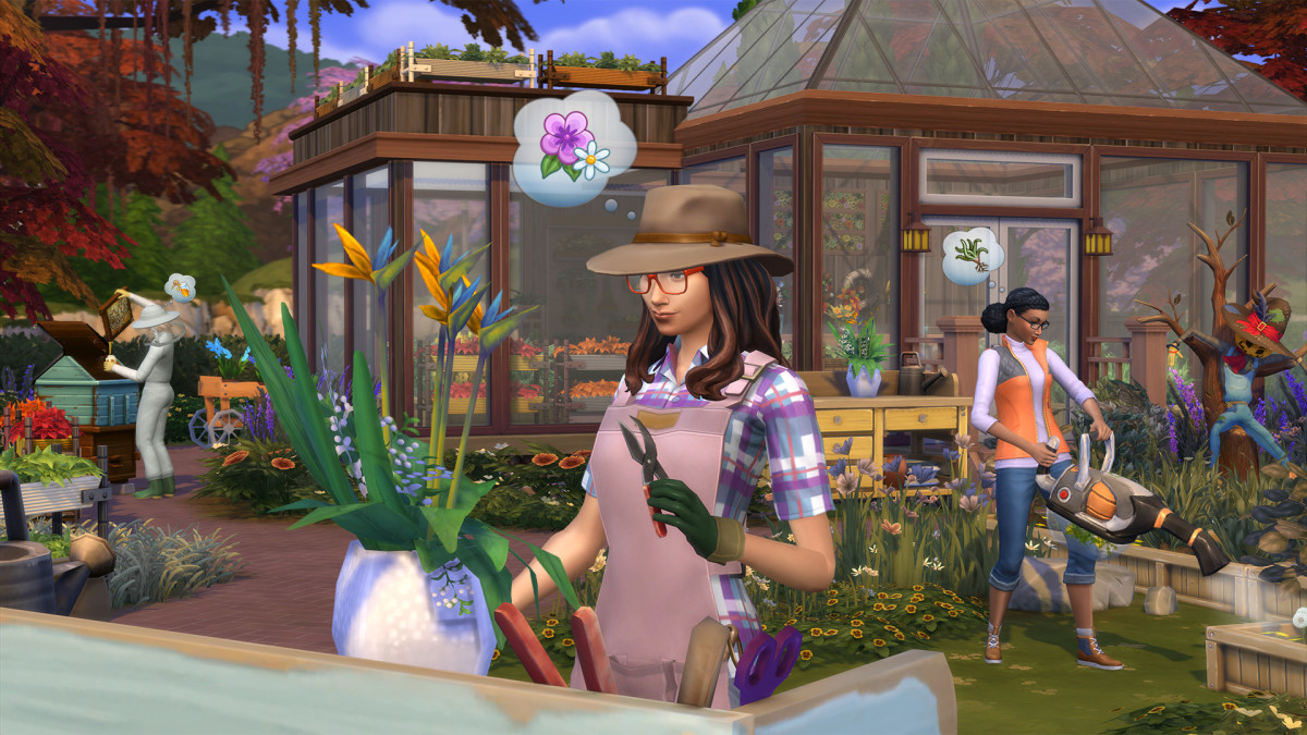 Several Sims work with plants and vegetables outside a sprawling greenhouse in the Sims 4 Seasons expansion
