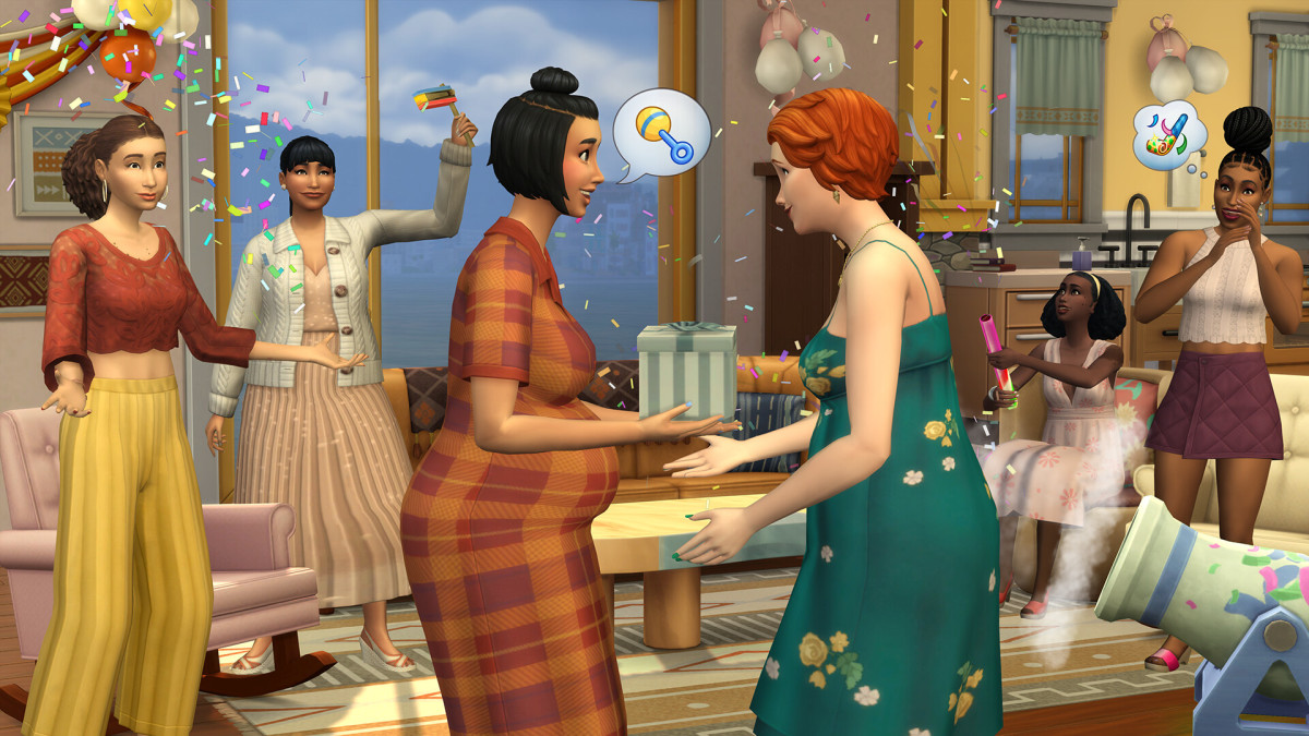 Two Sims celebrate together during a baby shower in the Sims 4 Growing Together expansion