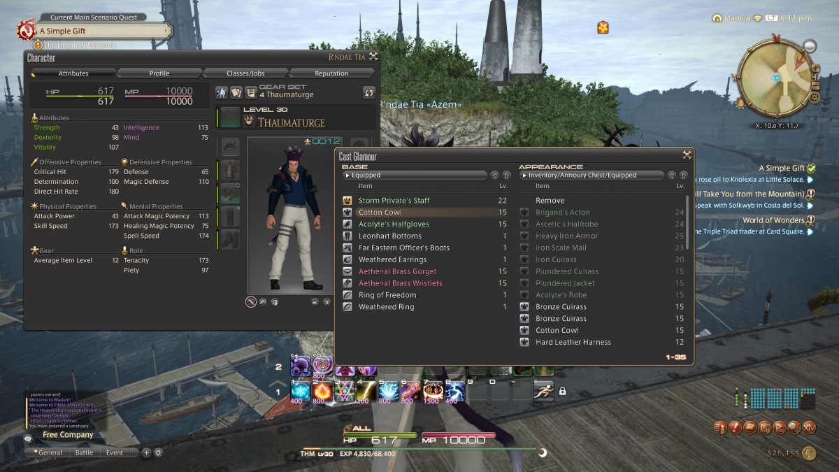 A character menu in Final Fantasy 14 shows the character's current equipment and the cast glamour screen with a range of items to use in transmog
